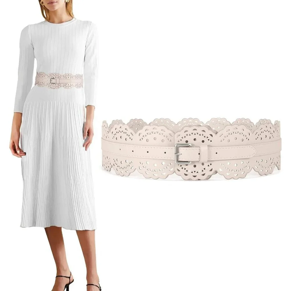 Women's Wide Dresses Chunky Thick Leather Waist Prong Buckle Belts Silver Beige